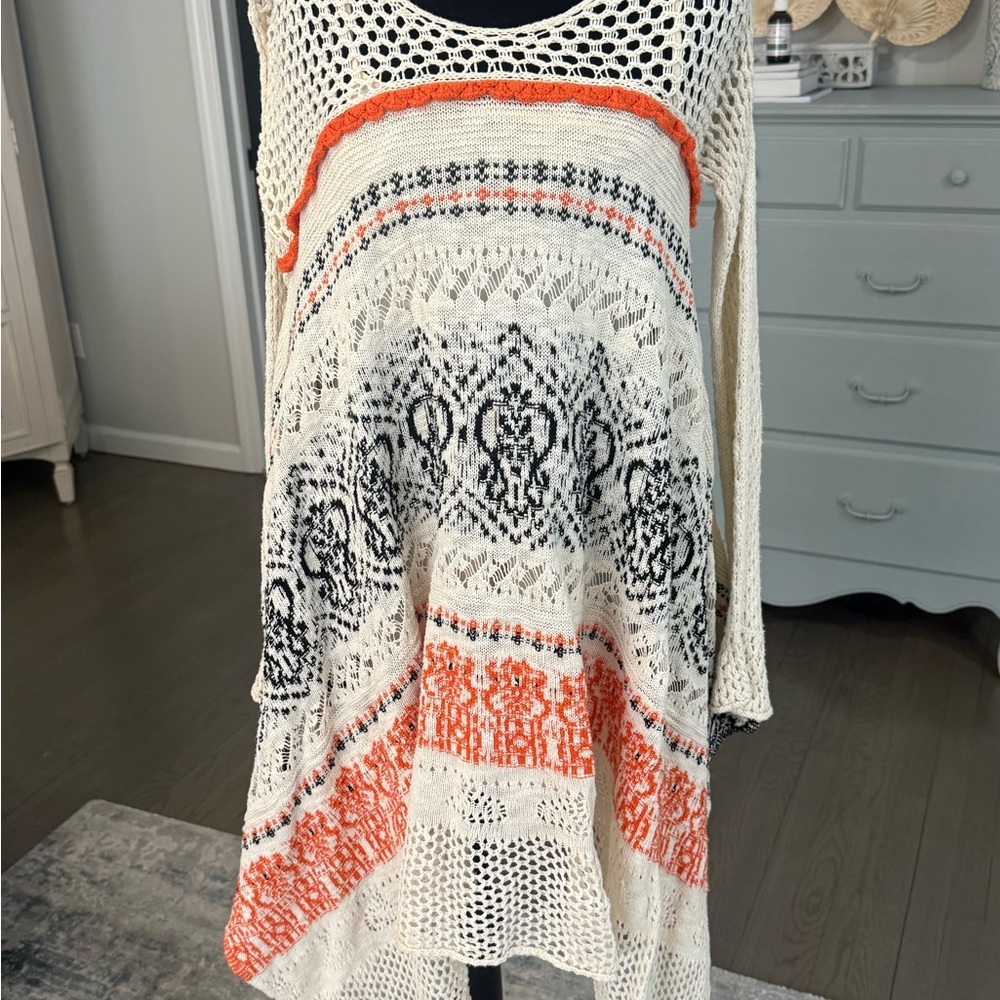 Anthropologie Asymmetrical Knit Dress - Cream, Black, and Orange